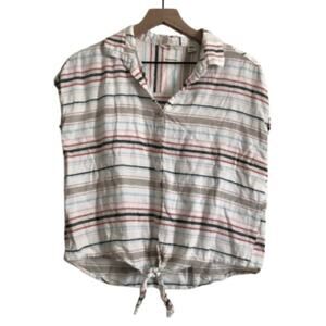 Weatherproof Vintage Washable Linen Sleeveless Stripe Button Up Shirt Top Medium